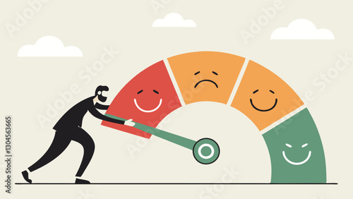 Businesswoman pulling satisfaction meter from negative to positive, improving performance and success in customer feedback, motivation, and quality service concept.
