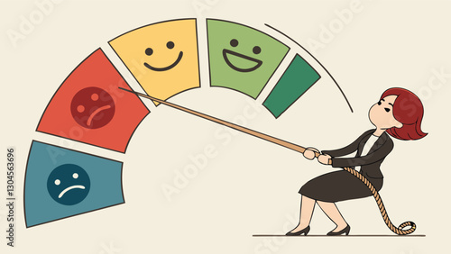Businesswoman pulling satisfaction meter from negative to positive, improving performance and success in customer feedback, motivation, and quality service concept.
