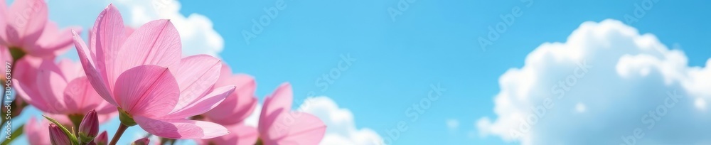 Soft pink petals against a bright blue sky with fluffy white clouds, nature, flowers, clouds Soft pink petals against a bright blue sky with fluffy white clouds, nature, flowers, clouds