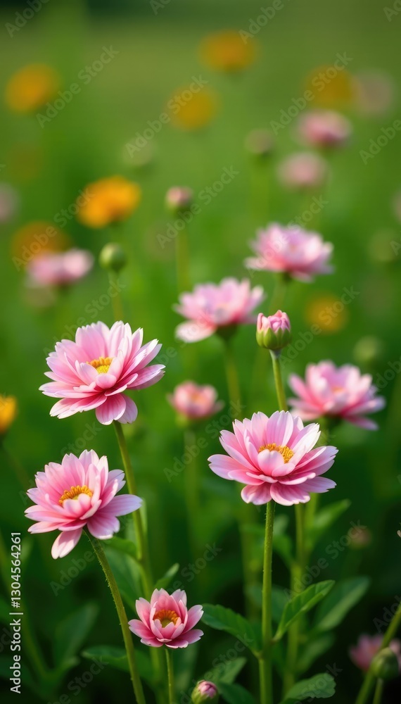 Soft pink ranunculus flowers scattered in a lush green meadow, nature, floral Soft pink ranunculus flowers scattered in a lush green meadow, nature, floral
