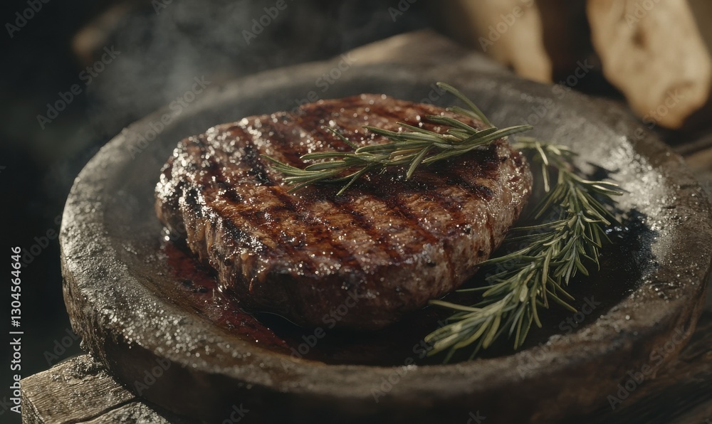 Freshly grilled steak garnished with rosemary and served on a rustic plate, soft natural light highlighting its smoky textures and rich tones Freshly grilled steak garnished with rosemary and served on a rustic plate, soft natural light highlighting its smoky textures and rich tones