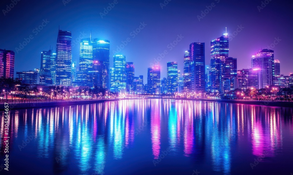 Obraz premium Dynamic urban skyline glowing with vibrant neon blue and purple lights reflected on a calm river creating a futuristic cityscape .