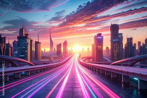 Futuristic City Highway Sunset Glowing Pink Lines - Architectural Stock Photo
