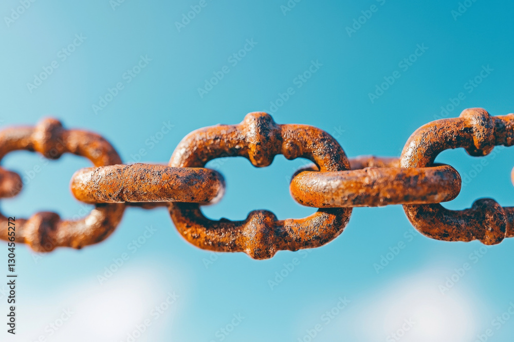 Rusty metal chain links against blue sky, symbolizing strength and connection. weathered texture adds character, evoking feelings of resilience and durability Rusty metal chain links against blue sky, symbolizing strength and connection. weathered texture adds character, evoking feelings of resilience and durability