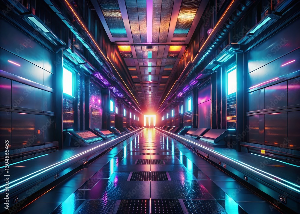 Futuristic Glowing Corridor Double Exposure Stock Photo - Reflective Floor, Sci-Fi Architecture Futuristic Glowing Corridor Double Exposure Stock Photo - Reflective Floor, Sci-Fi Architecture