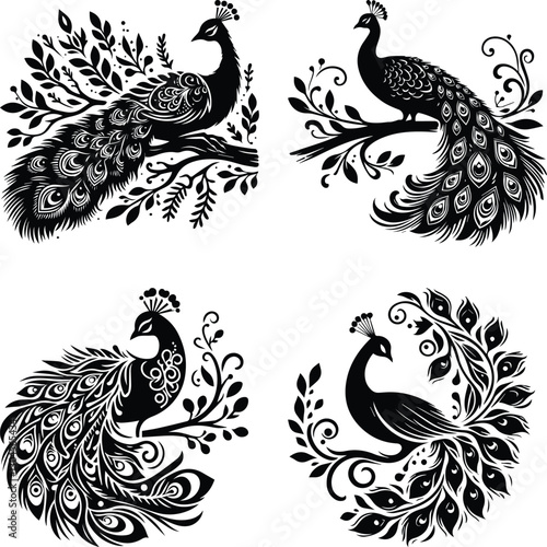 Set of four black and white peacock silhouette illustrations with intricate feather and floral details, perfect for tattoos, prints, and artistic designs. 