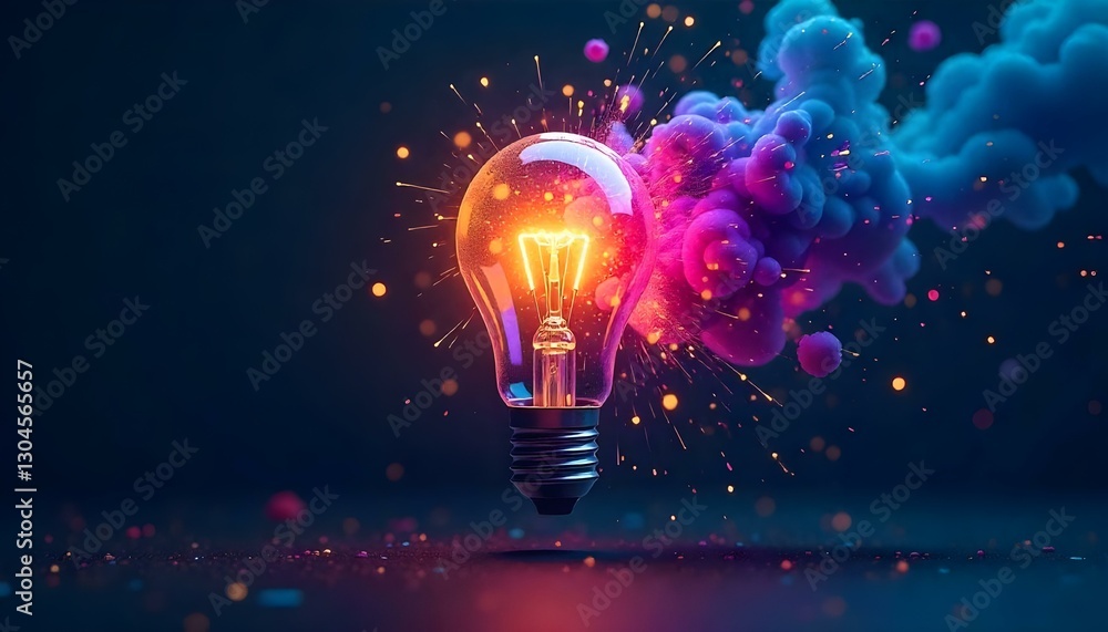 A vibrant and dynamic digital artwork features a light bulb as its central element, symbolizing an idea or innovation A vibrant and dynamic digital artwork features a light bulb as its central element, symbolizing an idea or innovation
