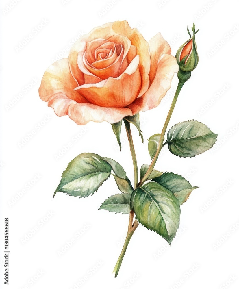 Fototapeta premium Peach rose blossom with bud and leaves.