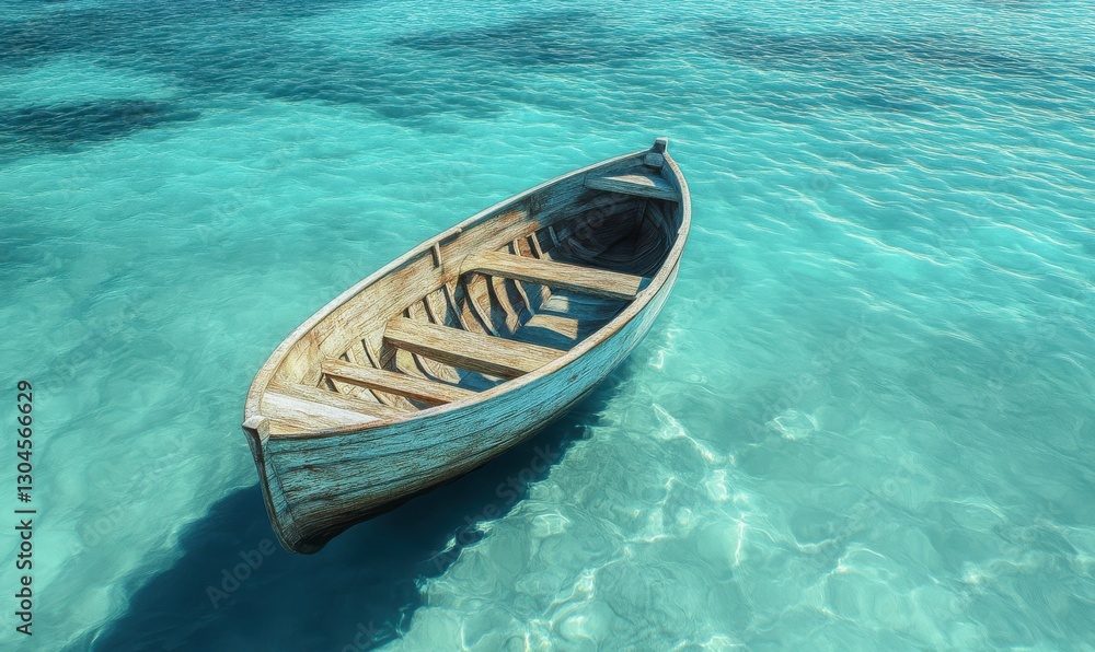 Scenic aerial view of a turquoise ocean with a single wooden boat floating peacefully, illuminated by natural sunlight creating a serene tropical atmosphere Scenic aerial view of a turquoise ocean with a single wooden boat floating peacefully, illuminated by natural sunlight creating a serene tropical atmosphere