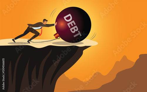 A businessman push the  debt  over a cliff. Decrease, lower, and zero debt concept.  financial freedom. vector