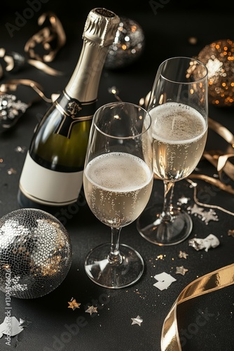 A festive champagne bottle on a black background, decorated with confetti stars, holiday decorations, and colorful party streamers, ideal for Christmas, New Year's Eve, or winter holiday