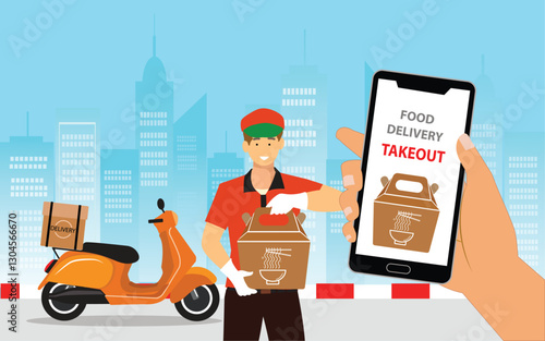 Woman hand holding mobile phone and Order food delivery takeout online, Delivery boy with box food standing at customer house. Contact delivery. vector