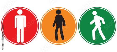 Three vector human icon: stop with standing on red, repairing on yellow and walking sign on green background, warning concept