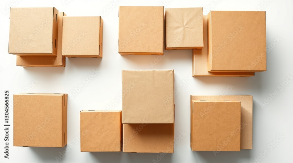 Arrangement of Stacked Cardboard Boxes on White Background Top-down View Arrangement of Stacked Cardboard Boxes on White Background Top-down View