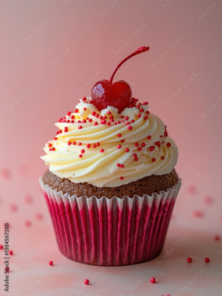 Delicious cupcake with creamy frosting and cherry on top against a soft pink background captures sweet indulgence and festive treat Delicious cupcake with creamy frosting and cherry on top against a soft pink background captures sweet indulgence and festive treat