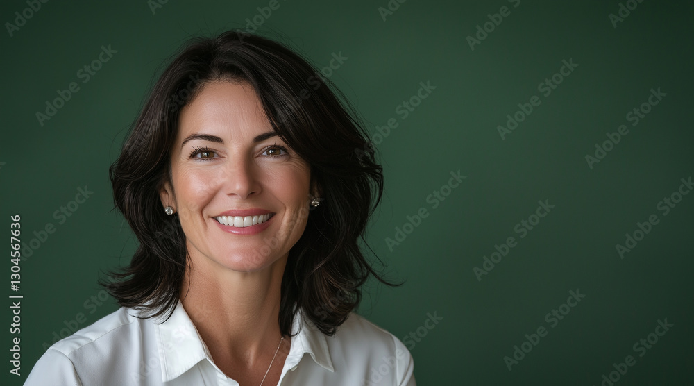 Smiling businesswoman, in front of green background, beautiful dark-haired woman in shirt, profile photo, isolated photo of people, employee photo Smiling businesswoman, in front of green background, beautiful dark-haired woman in shirt, profile photo, isolated photo of people, employee photo