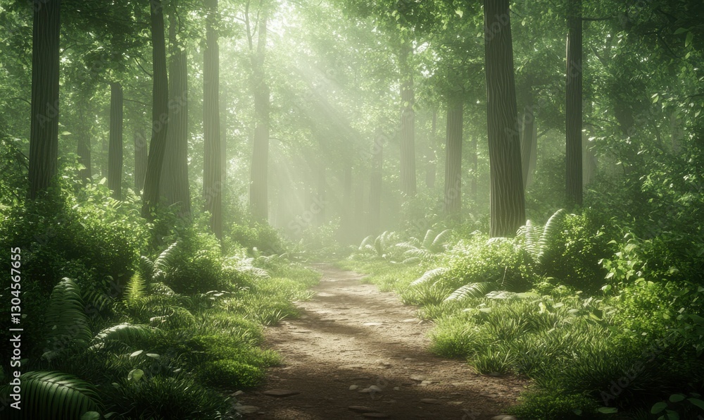 Obraz premium Scenic forest pathway surrounded by lush green trees and illuminated by dappled sunlight, creating a peaceful and adventurous vibe