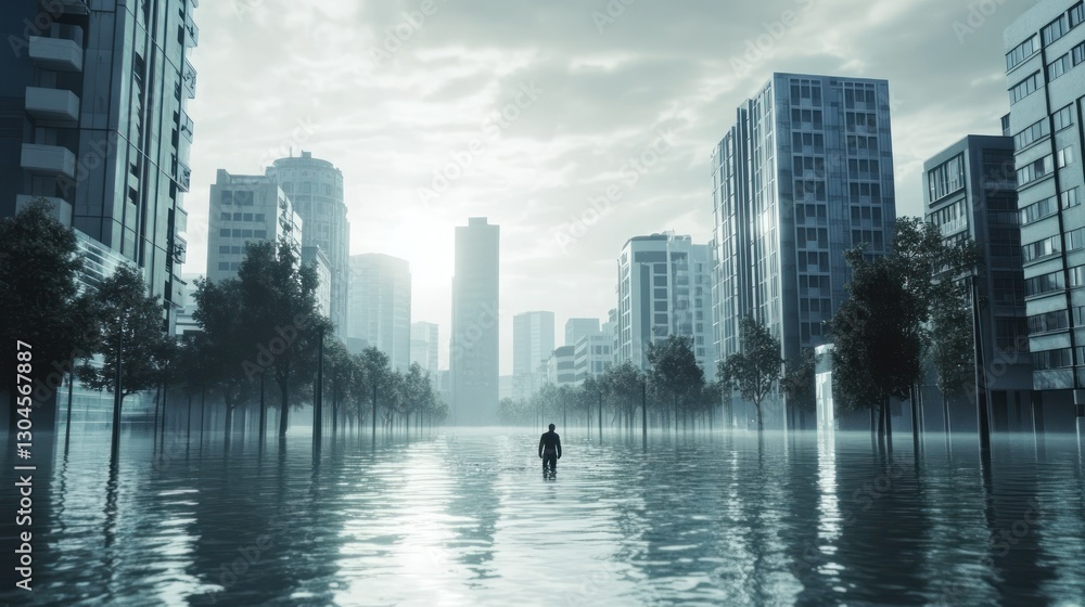 Fototapeta premium Flooded City Street, Lone Figure