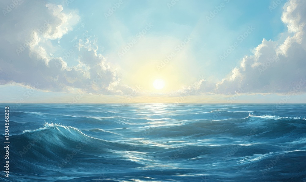 Obraz premium The ocean, calm and quiet, with the sun's rays piercing through the distant clouds.