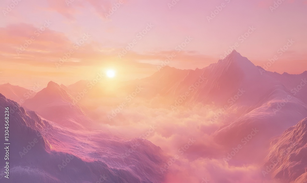 Scenic mountain range glowing under a soft pink and orange sunrise, with layers of mist creating a serene and tranquil atmosphere