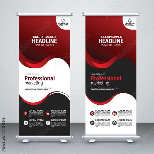 Roll up banner stand template design, red banner layout, advertisement, pull up, vector illustration, business flyer, x-banner, infographics, presentation