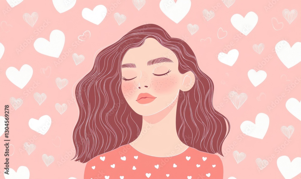 Serene woman with closed eyes amidst pink hearts. Serene woman with closed eyes amidst pink hearts.