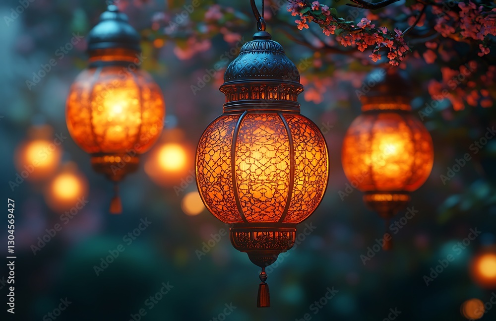 Ornate Lanterns Among Blooming Branches in a Misty Setting Ornate Lanterns Among Blooming Branches in a Misty Setting