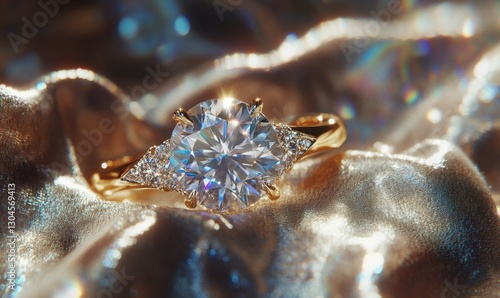 Close-up of a sparkling engagement ring resting on a soft velvet surface, bright natural light enhancing the diamond's brilliance, romantic and luxurious theme