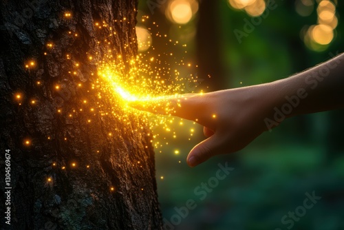 Dendrotherapeutic energy of the tree flows to the person touching the trunk, conceptual illustration