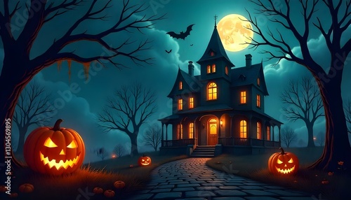 Halloween night digital painting, a spooky mansion with glowing windows under a full moon, bats flying in the sky, bare trees with hanging moss photo