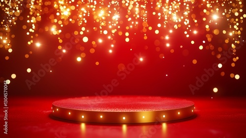 Luxurious Red Podium with Golden Sparkling Lights for Product Display