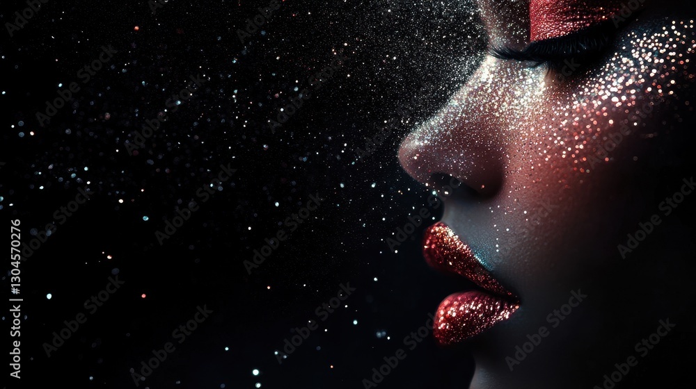 Obraz premium Glittering face profile in darkness with dazzling beauty details