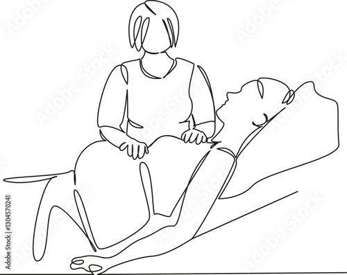 One continuous single drawing line art flat doodle doctor, pregnant woman, obstetrician, hospital, patient, gynecologist. Isolated image hand draw contour on a white background, hand drawn, not AI