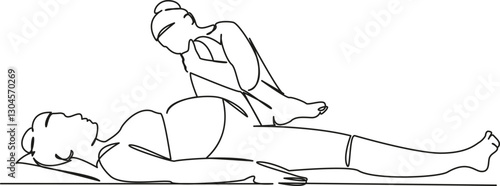 One continuous single drawing line art flat doodle pregnant, health and medicine, physiotherapist, physical therapy. Isolated image hand draw contour on a white background, hand drawn, not AI