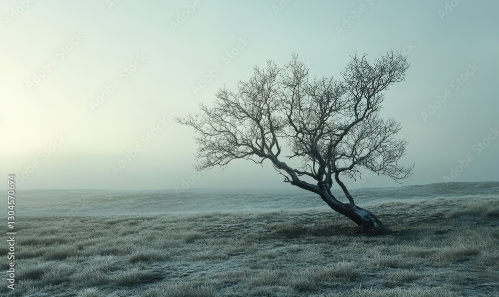 Leafless tree in a misty field under a soft gray sky, diffused light creating a peaceful and mysterious winter landscape Leafless tree in a misty field under a soft gray sky, diffused light creating a peaceful and mysterious winter landscape
