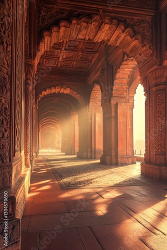 Warm sunlight illuminates the beautiful architectural columns and arches of Jama Masjid mosque in Delhi, India, which feature intricate designs and patterns