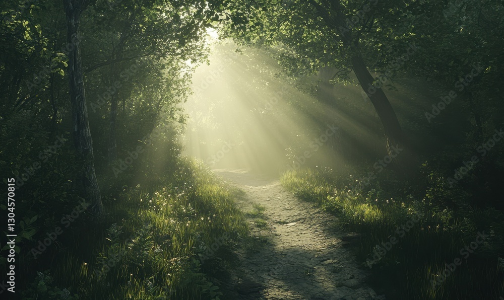 Fototapeta premium Golden sunlight streaming through a dense forest path, soft mist lingering in the air creating a dreamy and serene woodland atmosphere