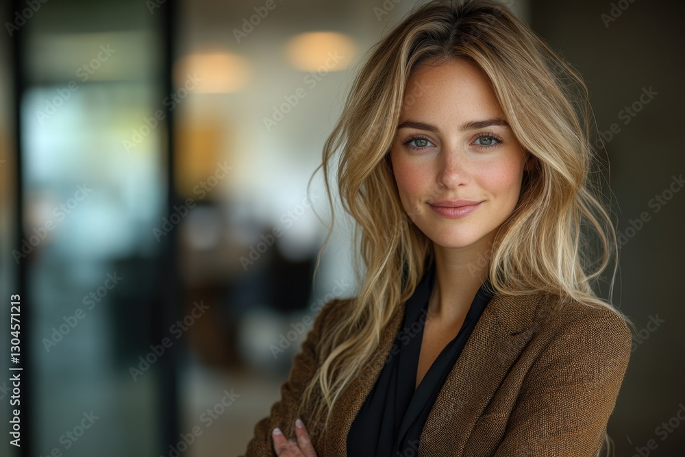 Obraz premium A poised woman exudes confidence, her soft features and warm smile reflecting inner strength and self-assurance. Captured with natural light and a shallow depth of field