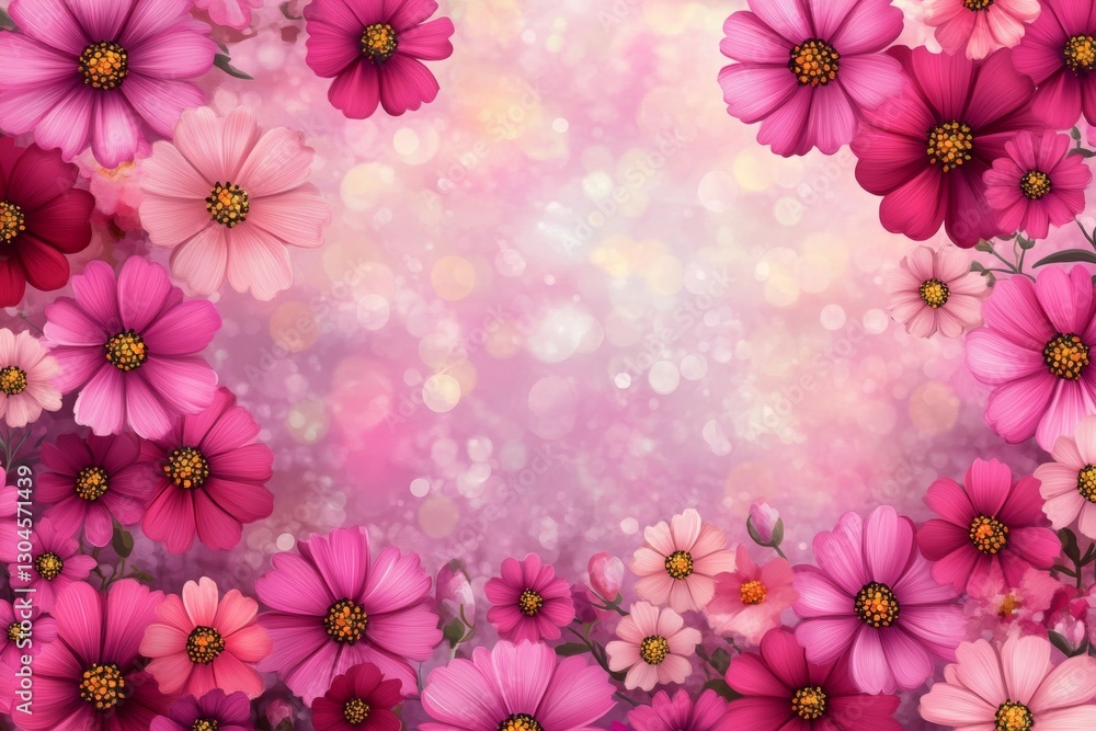 Pink Cosmos Flowers Frame On Sparkling Pink Background Pink Cosmos Flowers Frame On Sparkling Pink Background