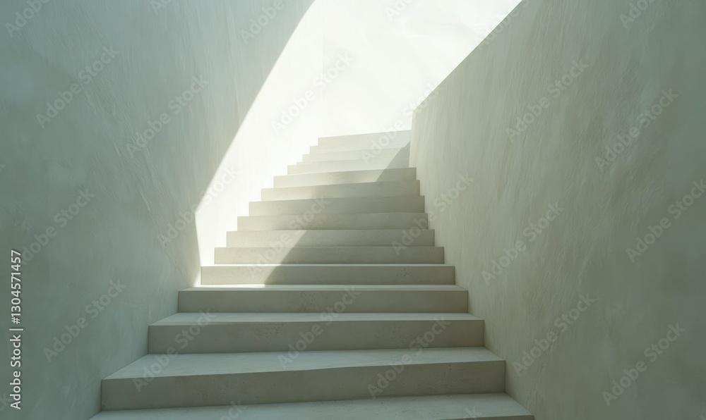 Obraz premium Minimalist staircase with sharp geometric lines, illuminated by soft sunlight casting shadows on clean white walls, creating an architectural aesthetic