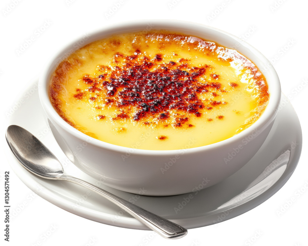 Creamy dessert with caramelized sugar top, served in white bowl. This classic treat is perfect for indulgence and showcases golden brown crust Creamy dessert with caramelized sugar top, served in white bowl. This classic treat is perfect for indulgence and showcases golden brown crust
