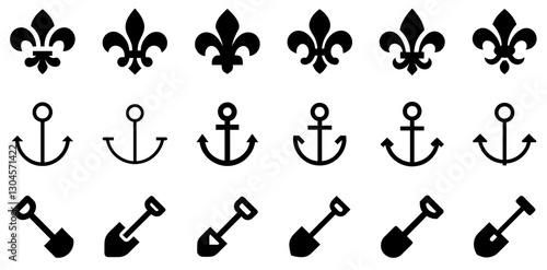 "Fleur de Lis, Anchor, and Shovel Icon Set – Heritage, Navigation, and Labor Vector Symbols"