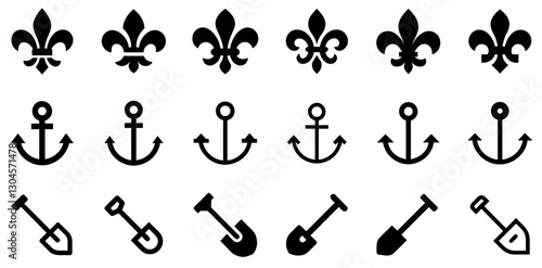 "Fleur de Lis, Anchor, and Shovel Icon Set – Heritage, Navigation, and Labor Vector Symbols"