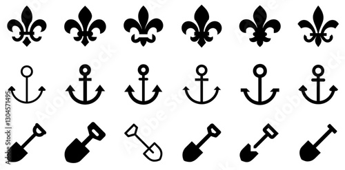 "Fleur de Lis, Anchor, and Shovel Icon Set – Heritage, Navigation, and Labor Vector Symbols"