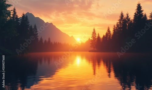 Serene evening landscape of a glowing orange sunset reflected in calm water, with silhouettes of trees and mountains in the background