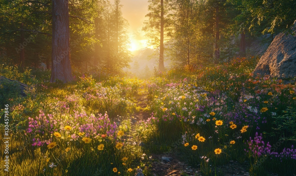 Obraz premium Serene forest clearing bathed in golden sunlight, with vibrant wildflowers scattered on the forest floor .