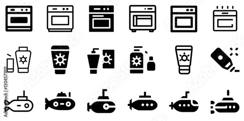 "Oven, Sunscreen, and Submarine Icon Set – Kitchen, Protection, and Adventure Vector Symbols"