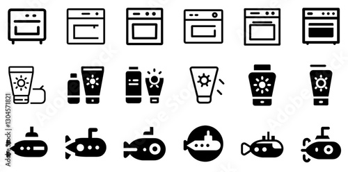 "Oven, Sunscreen, and Submarine Icon Set – Kitchen, Protection, and Adventure Vector Symbols"