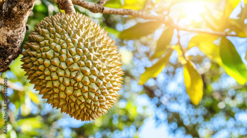 A large durian fruit hanging from a thick tree branch A large durian fruit hanging from a thick tree branch