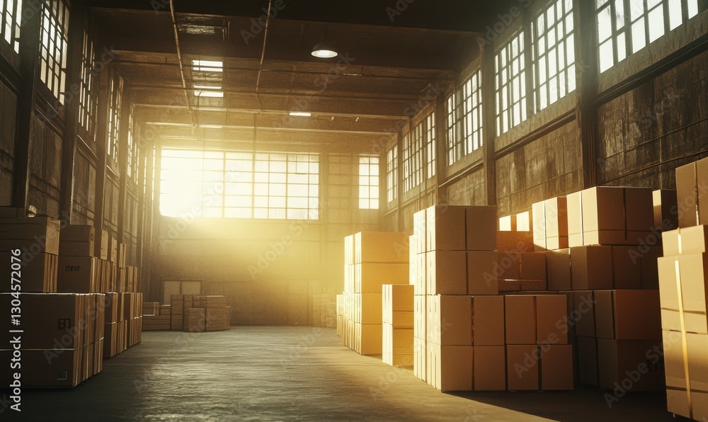 Industrial warehouse with stacked cardboard boxes, illuminated by warm light filtering through high windows, creating a busy and organized atmosphere . Industrial warehouse with stacked cardboard boxes, illuminated by warm light filtering through high windows, creating a busy and organized atmosphere .